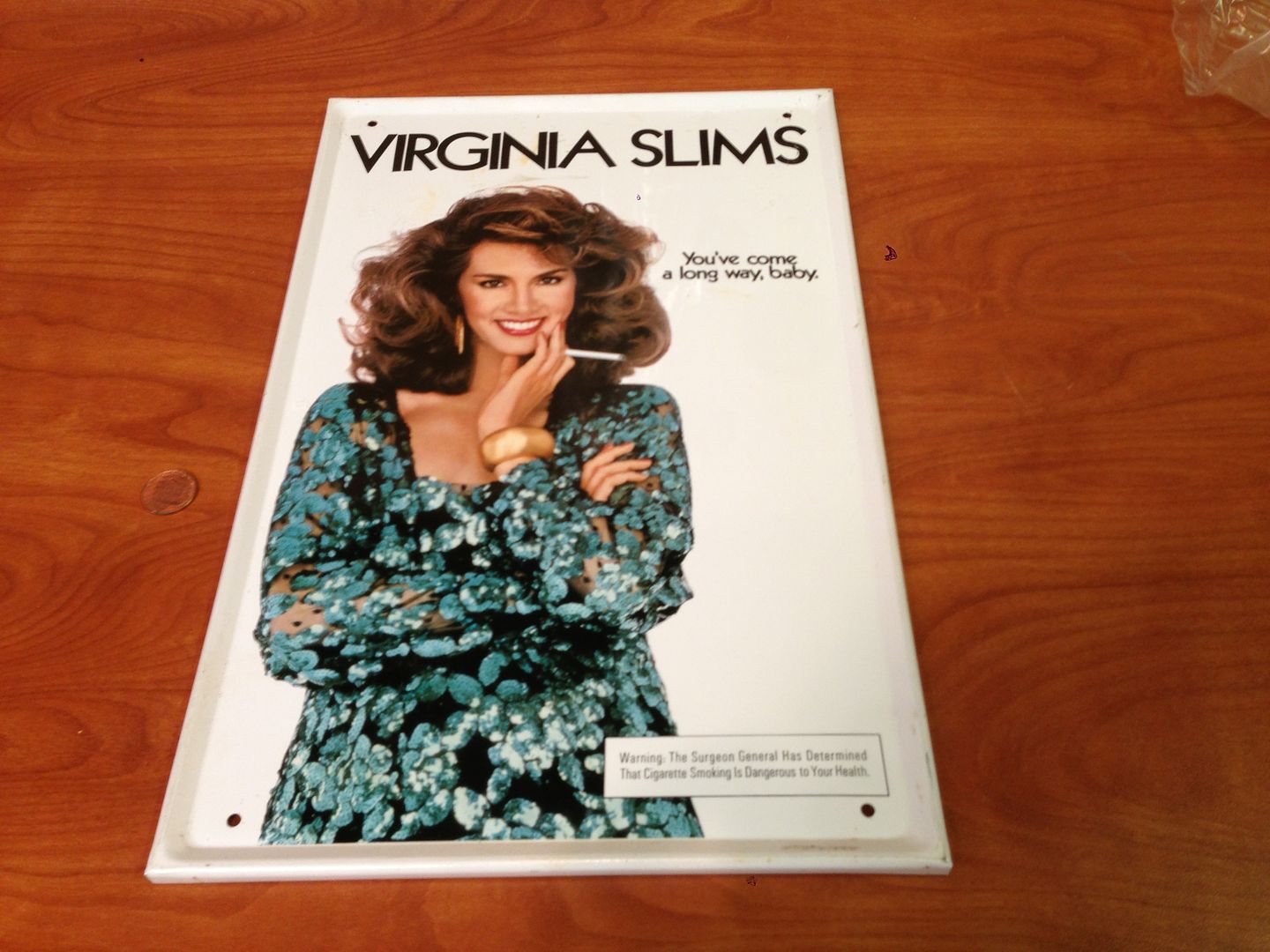 I2 94 Vintage Virginia Slims Metal Tin Sign "You've Come A Long Way Baby" RARE